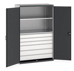 40022141.** Bott Cubio kitted cupboards come with drawers and shelves, overall dimensions of 1300mm wide x 650mm deep x 2000mm high. The cupboards have reinforced lockable steel doors with zinc plated locking bars and cam providing secure 3 point locking. ...